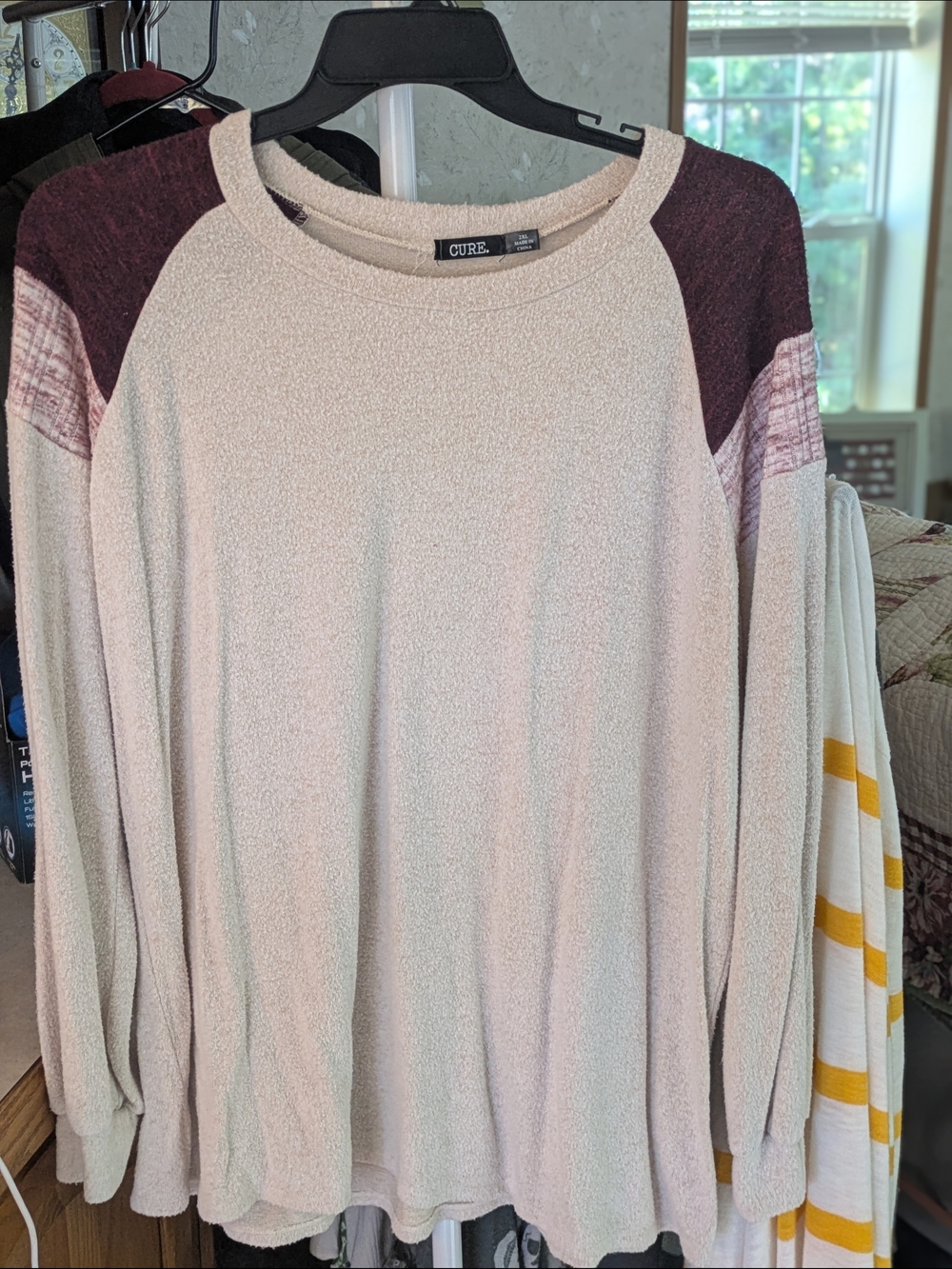 Cure Relaxed Cream Raglan Long-Sleeve Top with Burgundy Accents